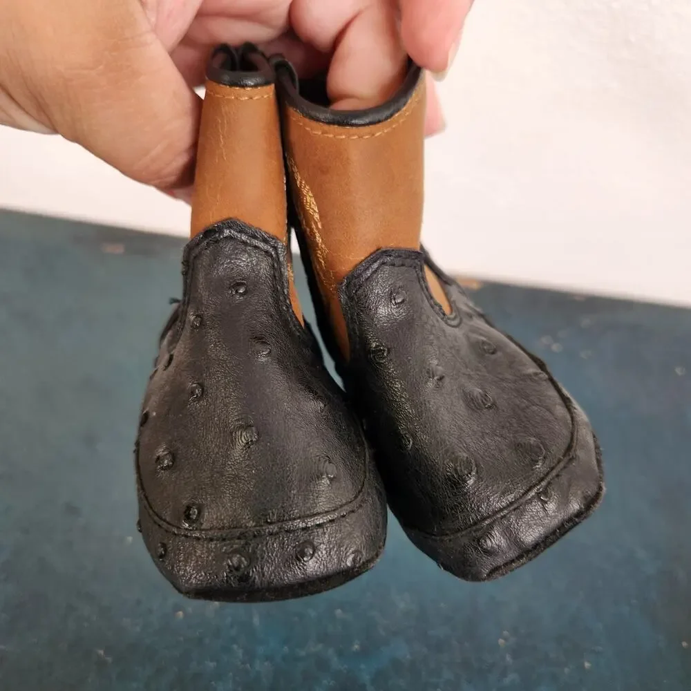 DBL Barrel Faux Ostrich Black Western Infant Boots Hook & Loop Closure